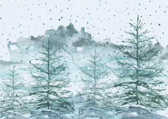 Watercolor art illustration. Drawing of the blue forest, pine tree, spruce, cedar. Dark, dense forest, suburban landscape. Postcard, logo, card, banner. Misty forest, haze. seamless linear background