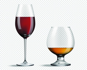 Glass for wine and whiskey. Realistic glasses with wine and whiskey inside isolated on transparent background. Vector illustration.