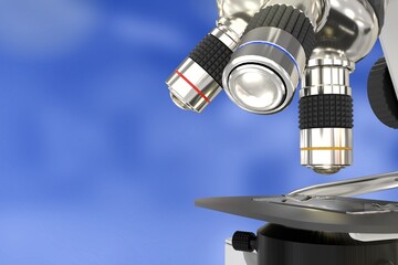 vaccine discovery concept, object 3D illustration -  laboratory modern scientific microscope on selective focus background
