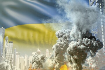 large smoke pillar with fire in abstract city - concept of industrial accident or terrorist act on Ukraine flag background, industrial 3D illustration