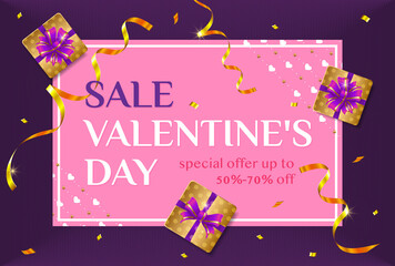 Valentine's day sale poster. Banner, flyer for discounts. Gold confetti and gifts. Vector, illustration