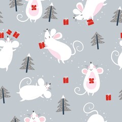 Fototapeta na wymiar Happy New Year 2020 vector print with cute mouse. Cartoon mouse winter card