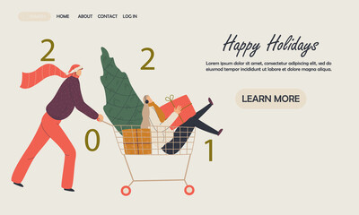Vector menu banner template for website and app development. Happy couple goes shopping. Happy new year 2020 concept.Vector illustration