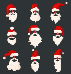 Set of faces of Santa Clauses isolated on brown background. Santa hats, mustaches and beards. Christmas elements in a flat style for a festive face mask. Vector illustration