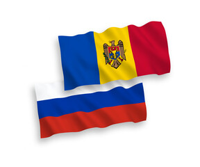 National vector fabric wave flags of Moldova and Russia isolated on white background. 1 to 2 proportion.