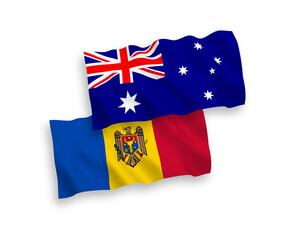 National vector fabric wave flags of Australia and Moldova isolated on white background. 1 to 2 proportion.
