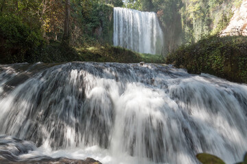 Beautiful shot of the waterfalls in the historical garden park of the Stone Monastery in Nuevalos