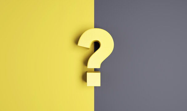 Yellow question mark sign on yellow and grey Background, 3d render, minimal and copy space.