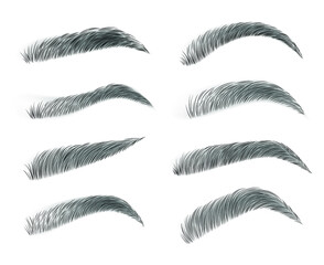 Eyebrows isolated on white background. Black eyebrow pack. Various types of eyebrows. Classic type and different eyebrow thickness. Black eyebrow pack. Vector illustration