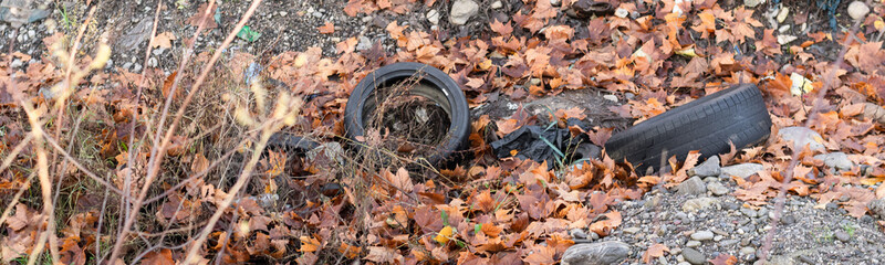 Trash thrown away in nature, environmental problems. Nature disaster concept