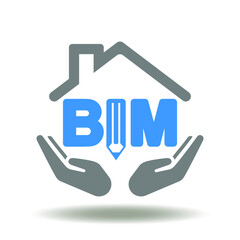Hands hold roof build and BIM acronym with pencil vector icon. Building Information Modeling Symbol. Construction Architecture Technology Illustration.