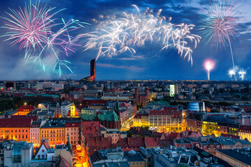 New Years firework display over the Wrocław old town. Poland