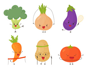 Set of cute vegetables doing sport. Eating healthy and sport. Cute vegetables character vector set.