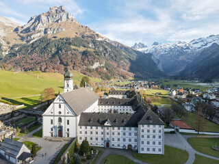 Aerial view at the convent of Engelberg in the Swiss Alps