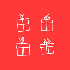 Hand drawn gifts collection. Present box with ribbons. Doodle illustrations. Christmas gift symbols.