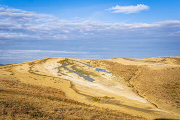 Mud volcanoes panoramic view in Chacuna managed reseve in Georgia. Mysterious and unique places in caucasus.