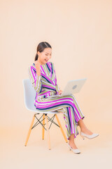 Portrait beautiful young asian woman with computer laptop