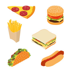Set of fast food : french fries, hotdog, sandwich, burger hamburger or cheeseburger, slice of pizza and traditional mexican fast food taco