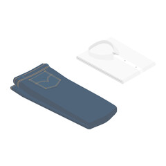 Blue jeans and white folded shirt lie isolated on white background isometric view. Vector