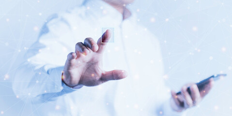 Business men fingerprint scanner to verify identity.Businessman use their thumbs to touch Fingerprint scanning system.Cyber Protection Data Security Internet Privacy Internet technology concept