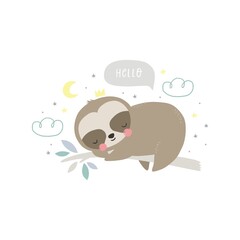 Cute cartoon sloth baby sleeping. Windy poster for Baby shower with a cute sleeping sloth character. A wonderful print for the decor of a children's bedroom. © NadezdaBarkova