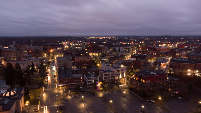 Aerial Photo Bangor Maine At Night Twilight Colors