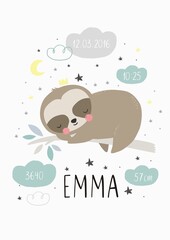 Cute cartoon sloth baby sleeping. Windy poster for Baby shower with a cute sleeping sloth character. A wonderful print for the decor of a children's bedroom. © NadezdaBarkova