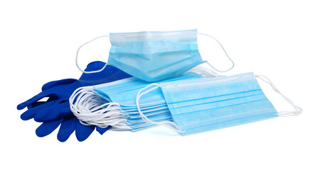 Mask and latex medical gloves on white