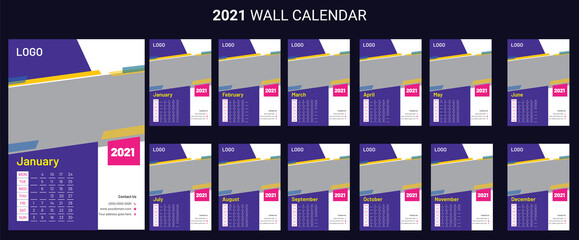 2021 calendar design. Set of 12 months. Monthly Wall Calendar 2021. 2021 calendar planner set for template corporate design week start on Monday.