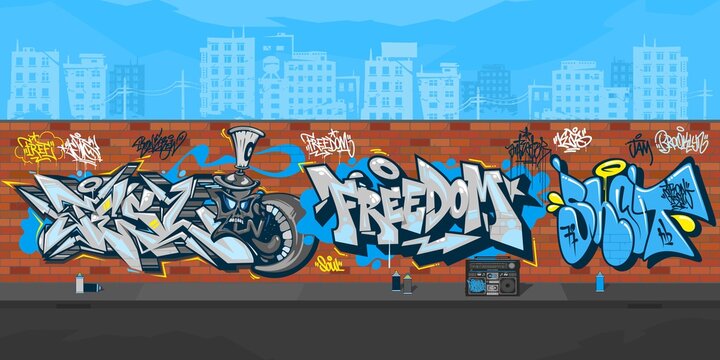 Fototapeta Colorful Streetart Graffiti Wall With Drawings Against The Background Of The Cityscape Vector Illustration