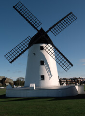 The windmill in Lytham, Lancashire in a close up shot on a bright and cold winter morning