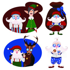 Obraz na płótnie Canvas Set of santa claus character. Character cute and style santa with helpers deer ana elf on white background flat. Christmas and New year Santa Claus. Vector illustration
