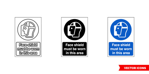 Mandatory signs face shield must be worn in this area icon of 3 types color, black and white, outline. Isolated vector sign symbol.
