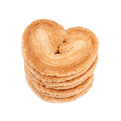 Puff pastry cookies. Fresh puff pastry cookies in the shape of a heart. Classic French pastries. Pig ear, elephant ear cookies, French hearts. Heart shaped puff pastry isolated on white background