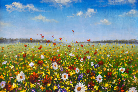 Flower painting wildflowers white daisies, red poppies and yellow beautiful flowers in grass on field oil paintings landscape impressionism artwork