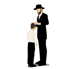 birkat habanim An Orthodox religious Jewish father, Dressed in a black suit and hat, greets his son
He places his hands on the head of his kippah - cup covered boy.
The boy has a white shirt. vector 