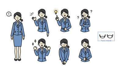 スーツ姿の女性の全身と色々な表情やしぐさの上半身イラストセット