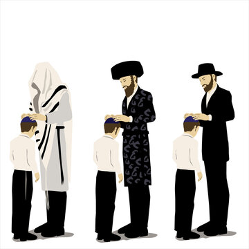 Birkat Habanim - the jewish Blessing of the Children. Religious Orthodox Observant fathers dressed in authentic clothes greet their children. Place their hands on the kids' heads and say a prayer. 
