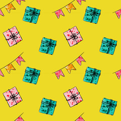 Watercolor seamless pattern with christmas gifts on yellow background