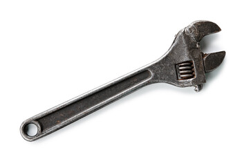 Single steel wrench isolated on white background. Swedish adjustable wrench. old wrench on isolated white background. plumbing repair. Tools.