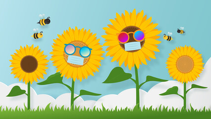 Sunflowers wearing a surgical mask protection of virus and sunglasses with bee. Flat paper art style. illustration vector
