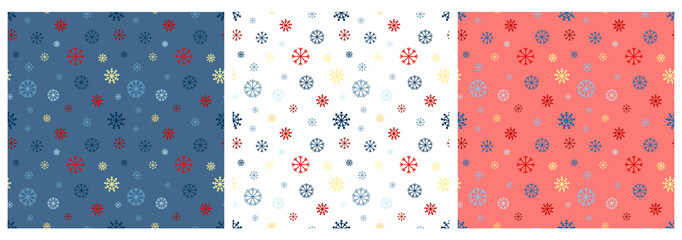 Fototapeta na wymiar Vector set of seamless patterns with snowflakes on a colored background. Colorful winter patterns for postcards, gifts, packaging.
