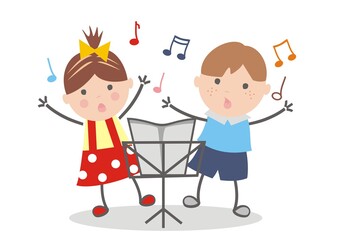 singing kids and music stand, vector illustration