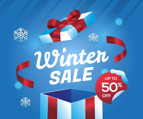 Winter sale with a gift box background 
