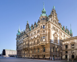 Fototapeta na wymiar Rathaus Hansestadt Hamburg Westseite entzerrt sonnig