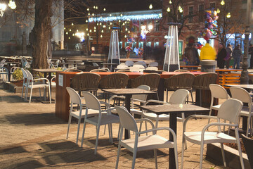 Open air terrace of cafe in the tourist center of Novi Sad closed in the evening because of coronavirus lockdown measures in Serbia
