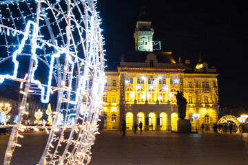 Colorful winter illumination (night city lights) in the tourist center of Novi Sad, Serbia