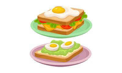 Sandwich and Toast with Scrambled and Boiled Egg as Tasty Dishes with Egg Ingredient Served on Plate Vector Set