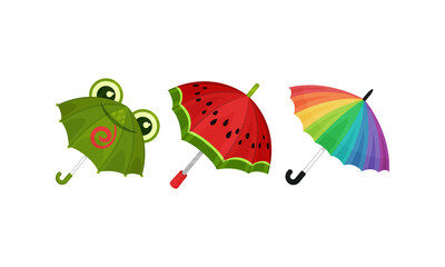 Open Umbrella or Parasol for Kids with Plastic Pole Vector Set