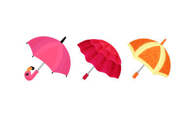 Open Umbrella or Parasol for Kids with Plastic Pole Vector Set